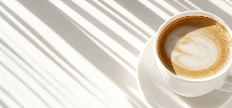 Coffee cup with latte art in sunlight and shadows flat lay photo