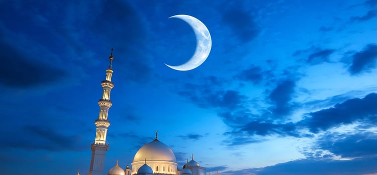 Night sky architectural silhouette under crescent moon travel destination photo