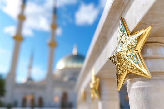 Golden star on classical building architecture against blue sky photo