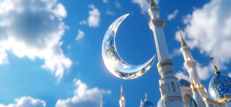Crescent moon and towering structure in dreamy blue sky photo