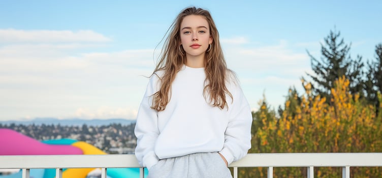 Young woman in casual fashion relaxing outdoors against urban scenery photo
