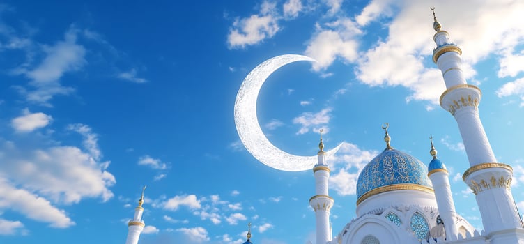 Building with towers and crescent in blue sky religious architecture photo