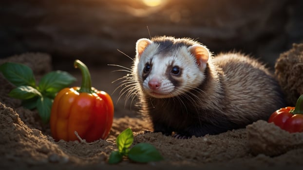 A curious ferret exploring a garden with colorful bell peppers and fresh basil under warm sunlight photo