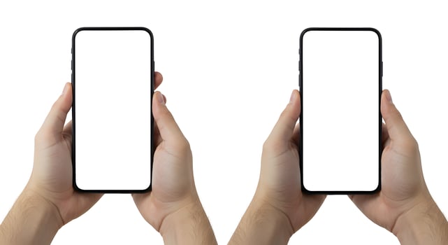 Hands holding phone mockup mobile device smartphone blank screen display technology communication gadget isolated white photo