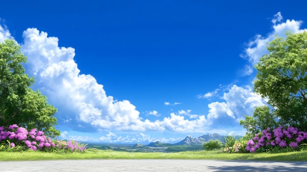 Scenic landscape with blue sky clouds flowers and mountains photo