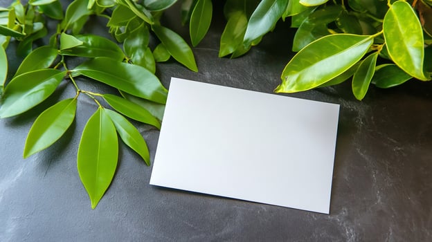 Blank card with green leaves on dark background copy space photo