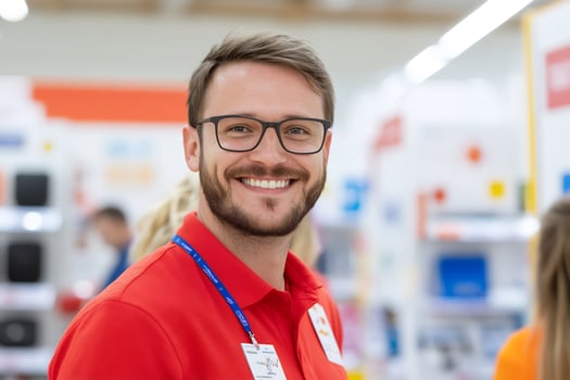 Friendly professional smiling wearing red shirt and glasses in office environment photo