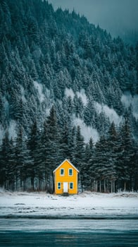 Colorful Yellow House Contrasts With Snowy Forest Backdrop in Tranquil Winter Setting photo