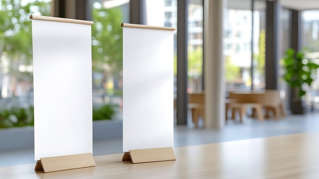 Blank canvas banners for marketing promotion standing in bright lobby photo