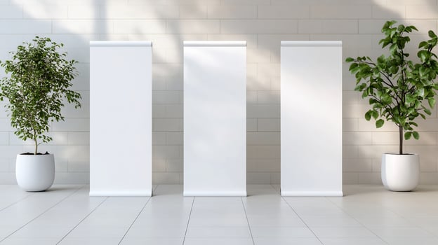 Blank white retractable banner stands with potted plants for product mockups and advertising photo