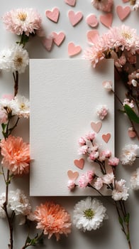 Floral Arrangement With Heart Decorations and Blank Card on a Light Background photo