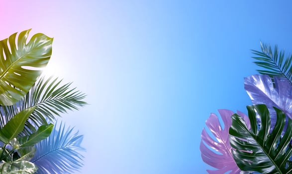 Tropical foliage frame with pink and blue gradient background photo