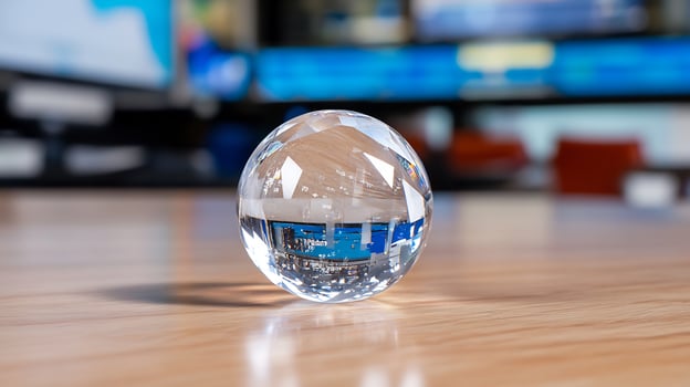 Clear glass sphere reflecting abstract image on wood surface still life photo