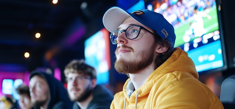 Young man watches sports game at bar with a group of friends on large screen photo