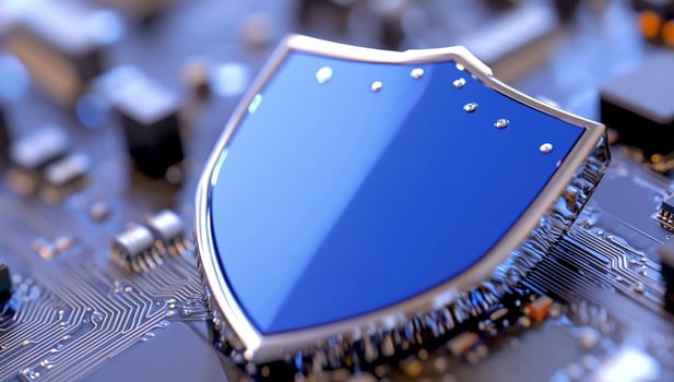 Cybersecurity shield on circuit board for data protection and online safety photo