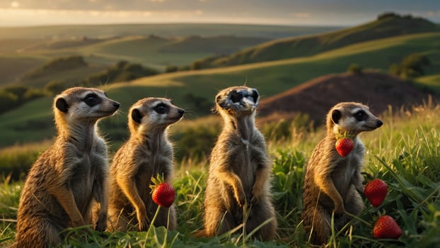 A group of four meerkats standing in a lush green field, each holding a strawberry, with rolling hills in the background photo