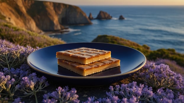 Delicious dessert bars on a blue plate surrounded by vibrant flowers overlooking the ocean at sunset photo