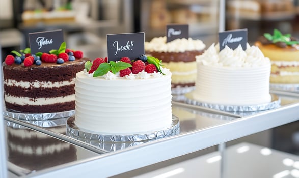 Selection of exquisite layered cakes with berries and frosting in bakery display photo