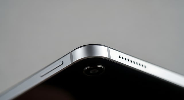 Closeup of Tablet Edge Silver Frame Speaker Detail. photo