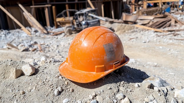 Construction safety helmet on industrial site rocks and gravel photo
