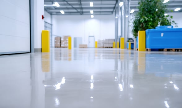 Warehouse interior with reflective floor in storage distribution center photo