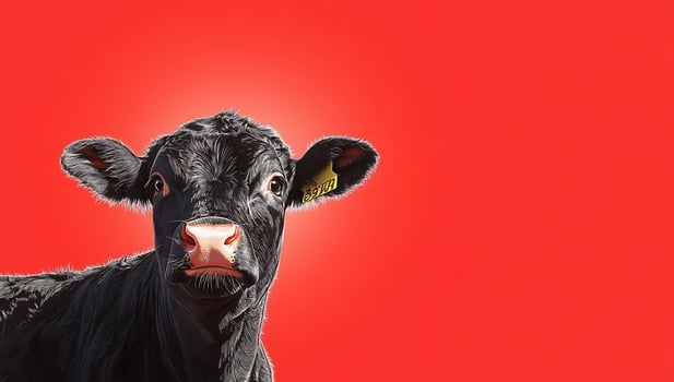 Black cow portrait with bright red background livestock farm animal close up photo