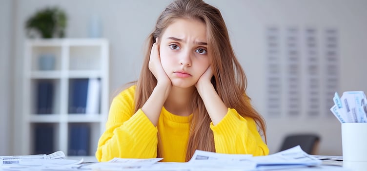 Worried young woman with financial stress at desk photo