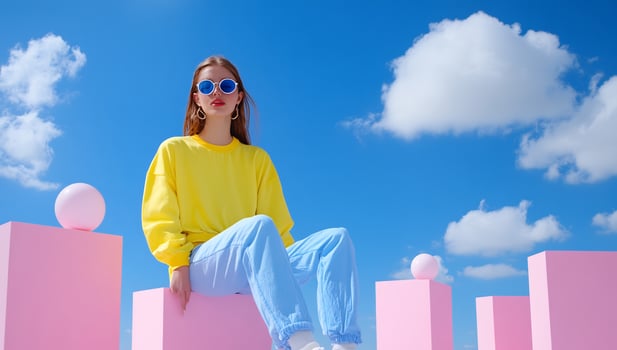 Person in colorful outfit sitting on pink cubes against blue sky and clouds photo