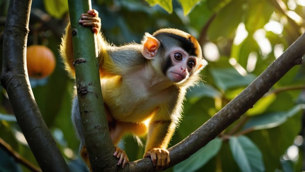 Young monkey climbing a tree in a lush green forest, with sunlight filtering through leaves photo