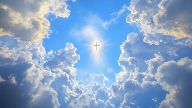 Sky cloudscape with symbolic cross and sunlight burst photo