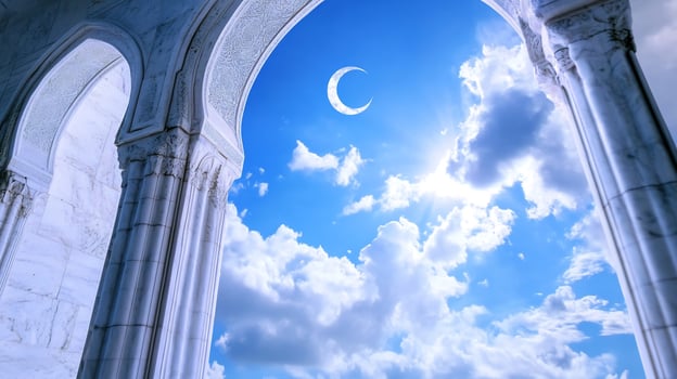 Architectural arches frame crescent moon and sky photo