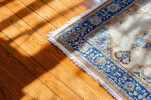 Detailed area rug on a hardwood floor with sunlight and shadows photo