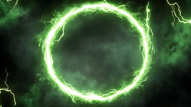 Glowing green circle with lightning effects abstract energy background photo