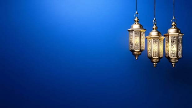 Golden lanterns against blue backdrop celebration design photo