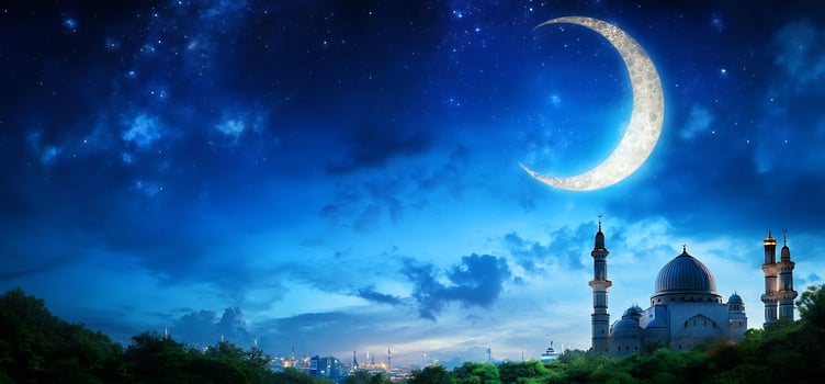 Night sky crescent moon over silhouette building landscape photo