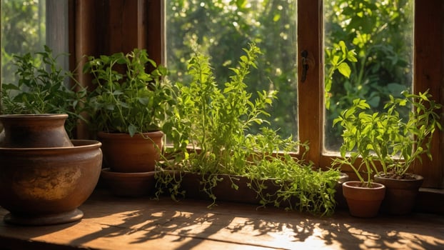 Vibrant herb garden on a sunlit windowsill, showcasing various plants in terracotta pots photo