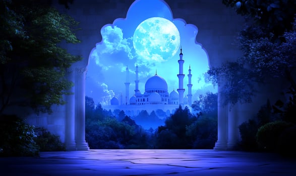 Tranquil landmark under moonlight framed by arched entrance photo