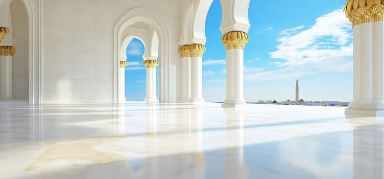 Architectural arcade with white columns and arches under blue sky photo