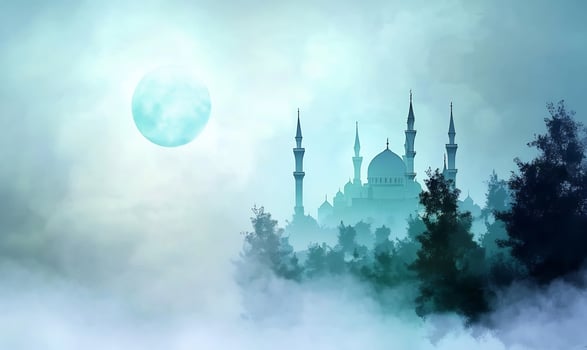 Serene mosque silhouette under moonlight landscape illustration photo