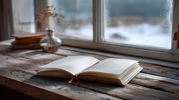 Cozy winter scene featuring an open book on a rustic wooden table alongside a frosty window in a warm interior light evoking feelings of peaceful contemplation and seasonal photo