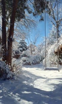 Winter wonderland scene of a snow-covered backyard with a swing hanging from a tree creates a serene and idyllic setting capturing the beauty of nature during the winter season photo