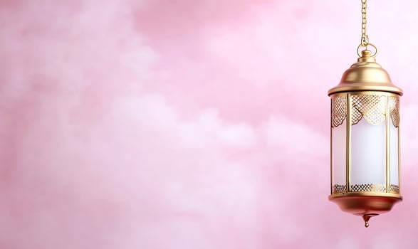 Golden lantern decoration on pink background with copy space photo