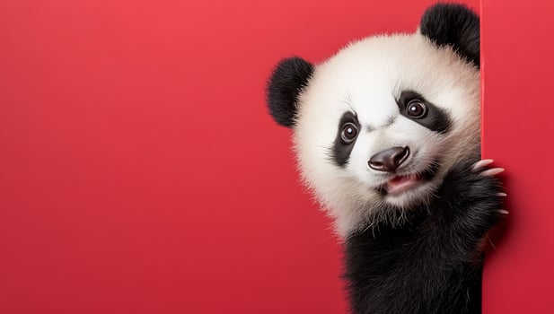 Adorable panda cub peek isolated against vibrant red backdrop wildlife portrait photo
