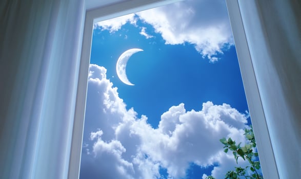 Moon and cloudscape view through window frame daytime scene photo