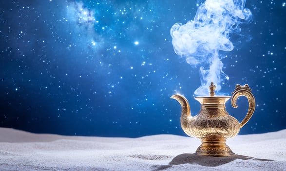 Golden genie lamp with smoke against starry night sky background photo