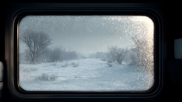 Snowy Landscape Through Window on a Train View of winter scenery from inside train car during snowfall season frozen condensation on glass viewing a frozen river and trees photo