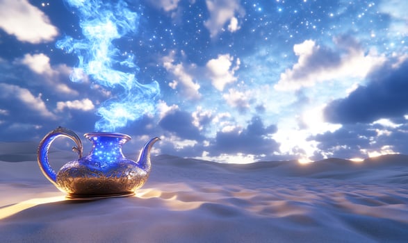 Golden teapot emitting blue smoke on sandy surface under cloudy sky photo