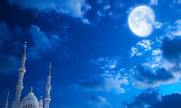 Serene mosque silhouette under moonlit cloudy sky night architecture photo