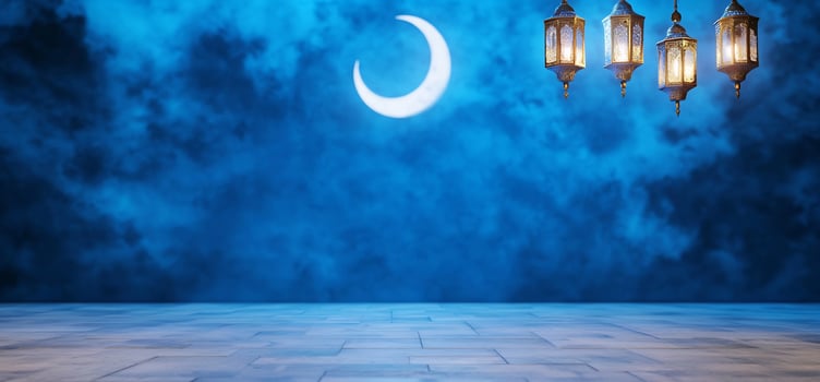 Blue night sky crescent moon lanterns background photo