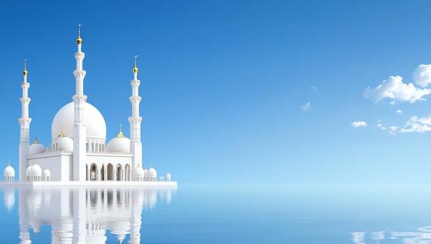 Elegant white building with domes and towers reflecting in water under a blue sky photo